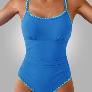 One piece blue tummy control bathing suit